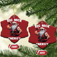 Red Christmas tree-shaped Santa ornaments reading "BIG NICK ENERGY" with front/back labels
