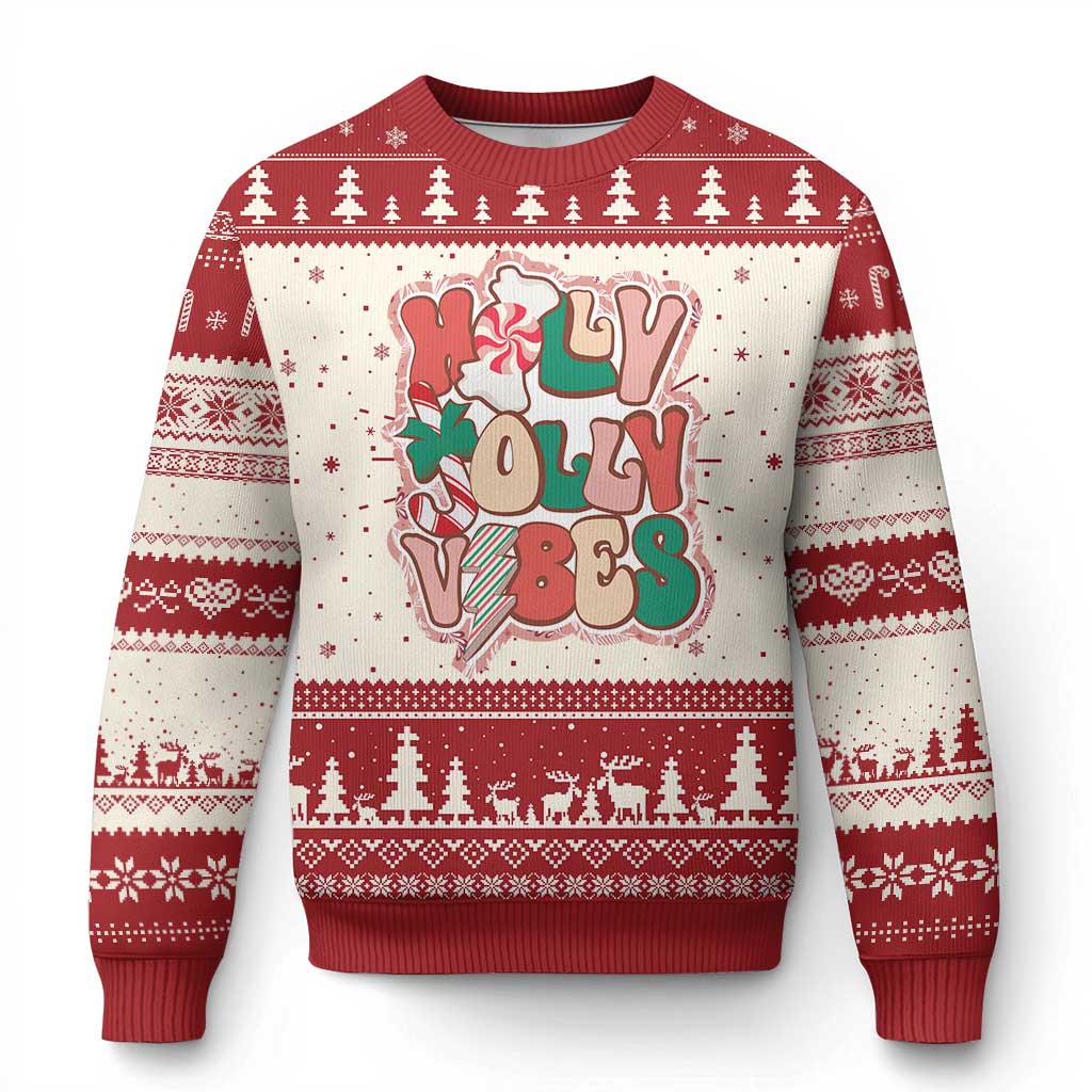 Red and cream crewneck ugly Christmas sweater with holly trees and “Ho Ho Ho” graphic
