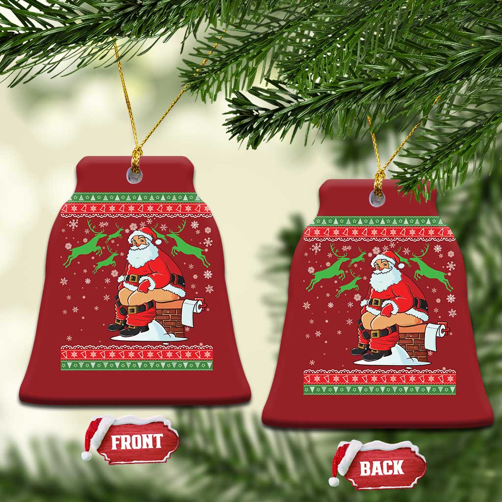 Red bell-shaped Christmas ornament with Santa scene and gold hanging string