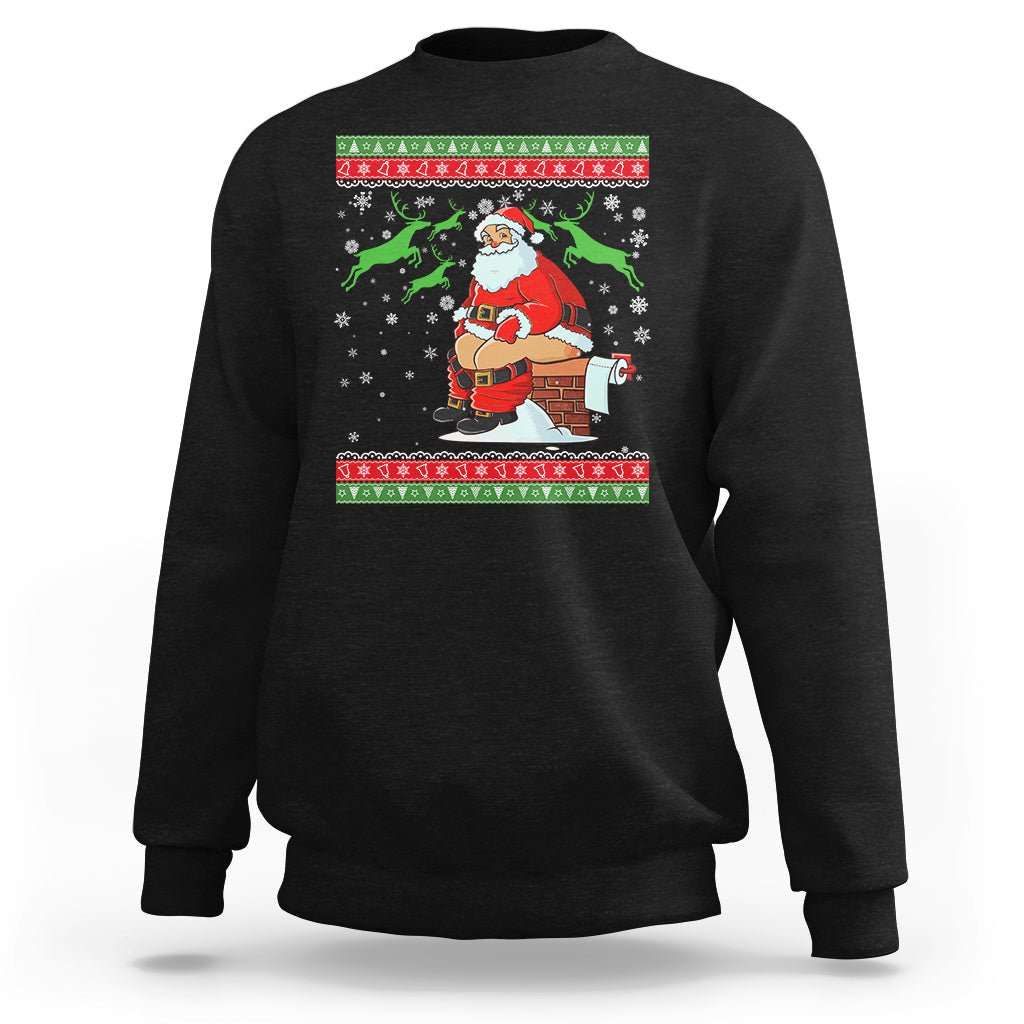 Black crewneck sweatshirt with Santa cartoon and festive holiday stripe graphic