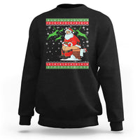 Black crewneck sweatshirt with Santa cartoon and festive holiday stripe graphic