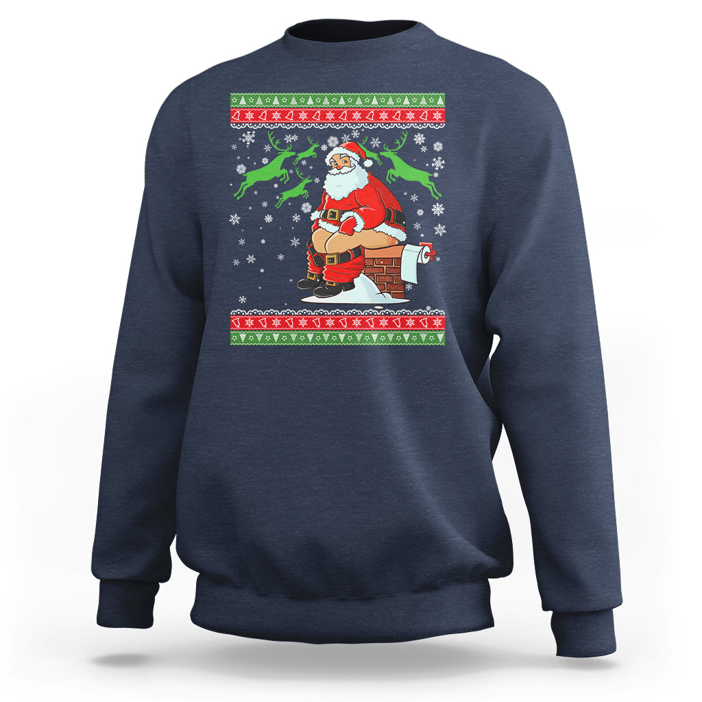 Navy crewneck sweatshirt with Santa cartoon and festive holiday stripe graphic