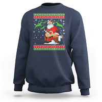 Navy crewneck sweatshirt with Santa cartoon and festive holiday stripe graphic