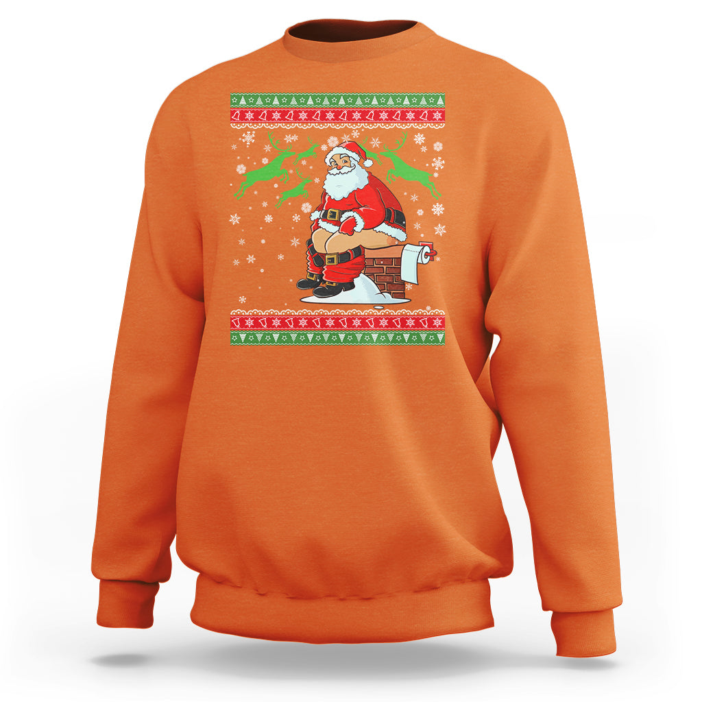 Orange crewneck sweatshirt with Santa cartoon and festive holiday stripe graphic