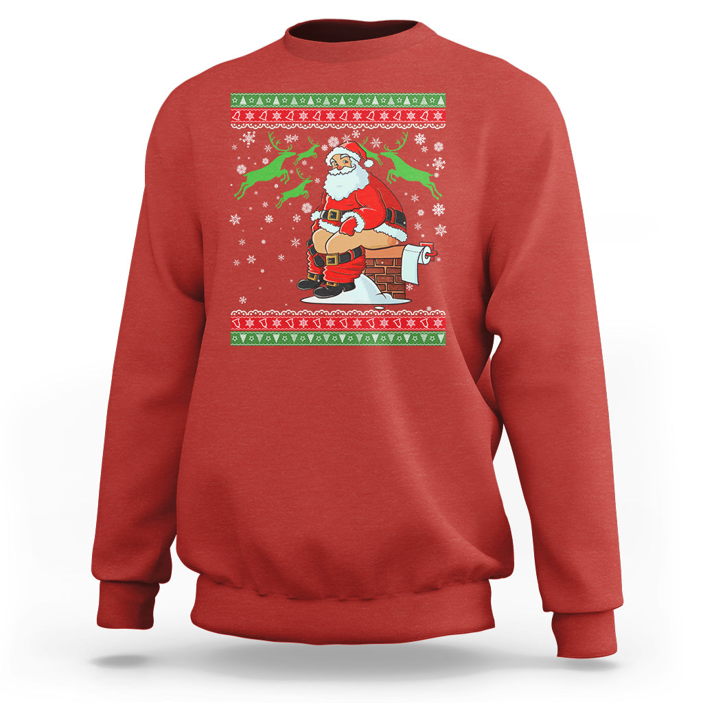 Red crewneck sweatshirt with Santa cartoon and festive holiday stripe graphic