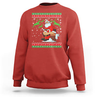 Red crewneck sweatshirt with Santa cartoon and festive holiday stripe graphic