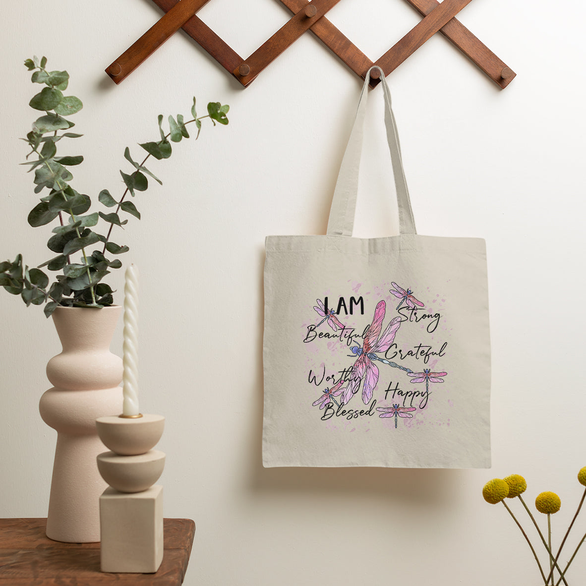 I Am Strong Beautiful Grateful Happy Worthy Dragonflies Tote Bag, Dragonfly Tote Bag, Nature Tote Bag, Gift for Women, Dragonfly Lover Tote Bag - Wonder Print Shop