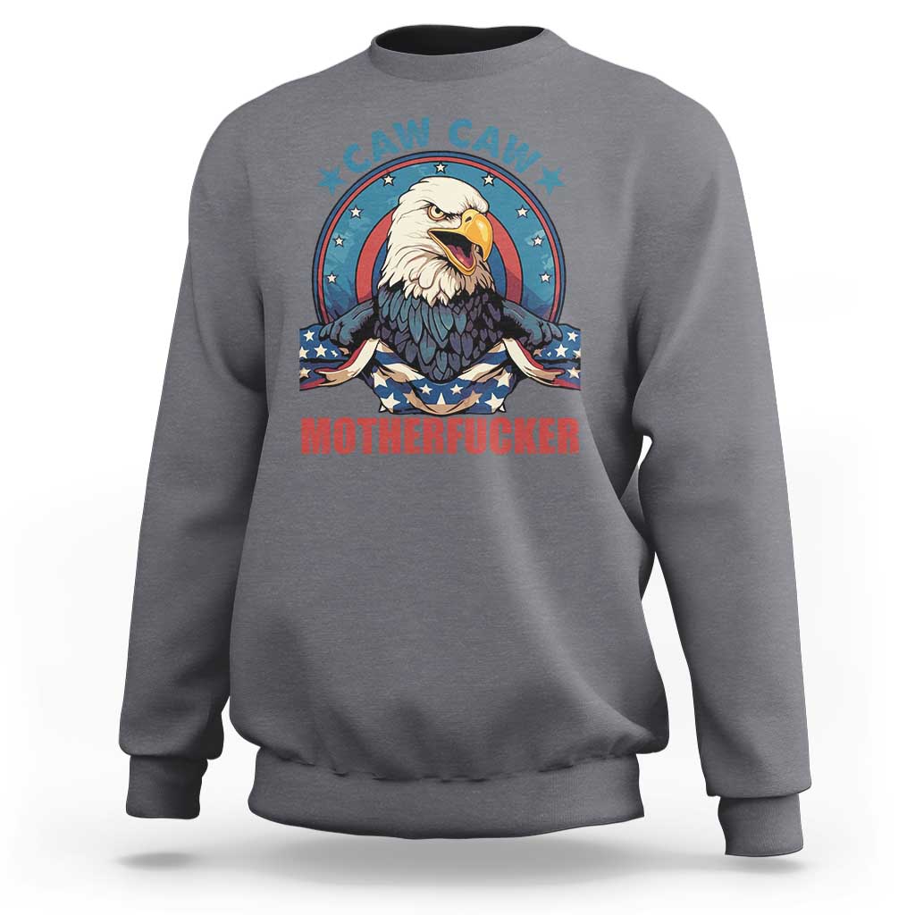 Charcoal crewneck sweatshirt with eagle graphic and “MOTHERFUCKER” text