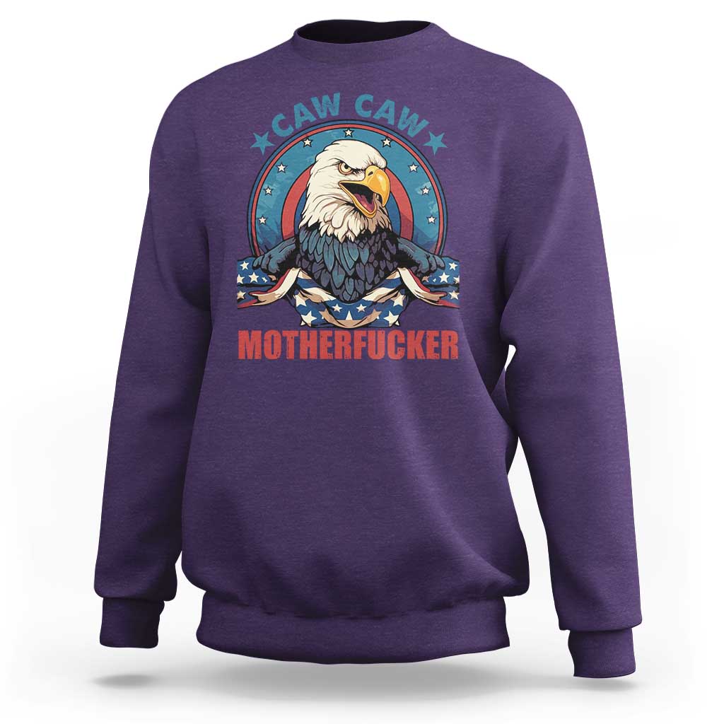Purple crewneck sweatshirt with eagle graphic and “MOTHERFUCKER” text