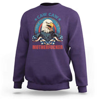 Purple crewneck sweatshirt with eagle graphic and “MOTHERFUCKER” text