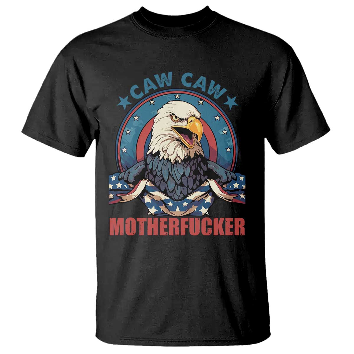 Men's black graphic T-shirt with eagle and 'CAW CAW' 'MOTHERFUCKER' front print