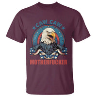 Men's maroon graphic T-shirt with eagle and 'CAW CAW' 'MOTHERFUCKER' front print