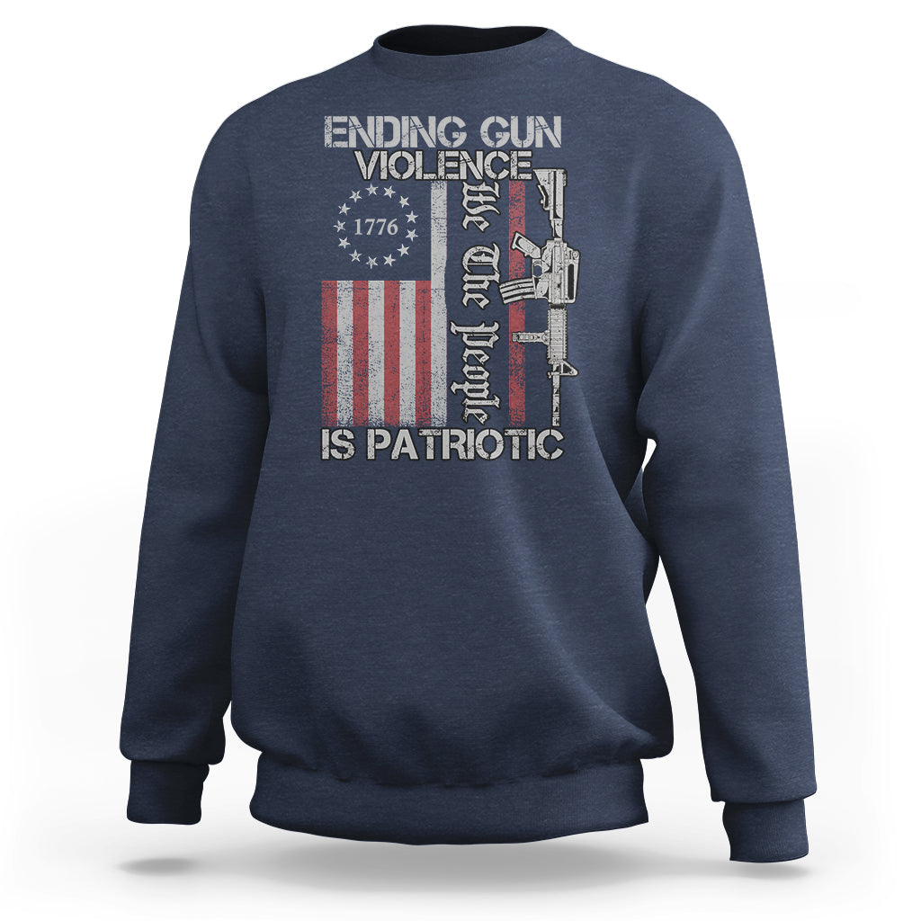 Navy crewneck sweatshirt with patriotic gun-violence graphic and text