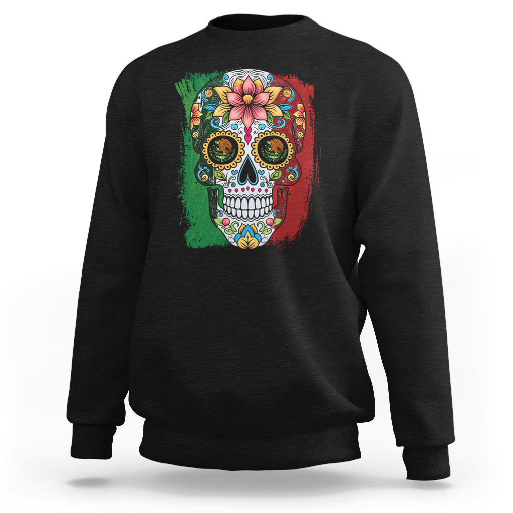Black sweatshirt with colorful sugar skull graphic on front