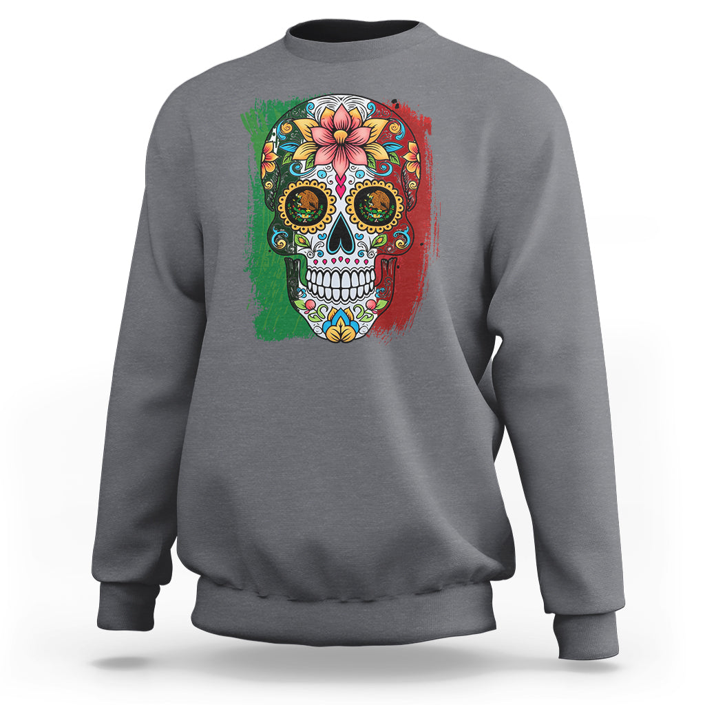 Charcoal gray sweatshirt with colorful sugar skull graphic on front