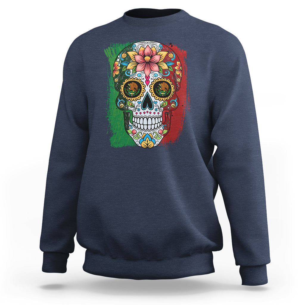 Navy sweatshirt with colorful sugar skull graphic on front