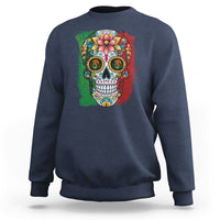 Navy sweatshirt with colorful sugar skull graphic on front