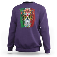 Purple sweatshirt with colorful sugar skull graphic on front