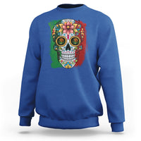 Royal blue sweatshirt with colorful sugar skull graphic on front