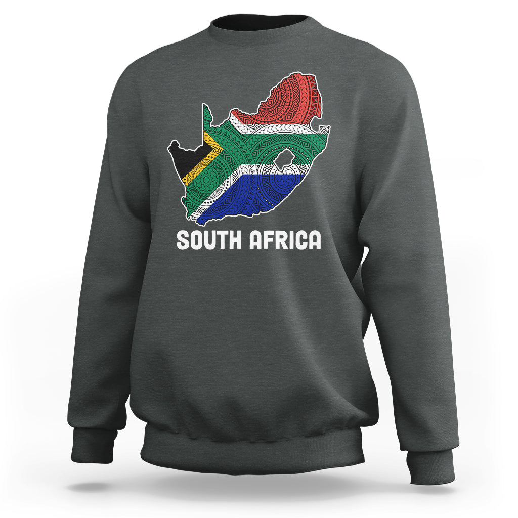 Dark heather gray crewneck sweatshirt with colorful South Africa map flag graphic and “SOUTH AFRICA”