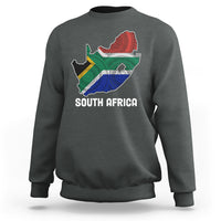 Dark heather gray crewneck sweatshirt with colorful South Africa map flag graphic and “SOUTH AFRICA”