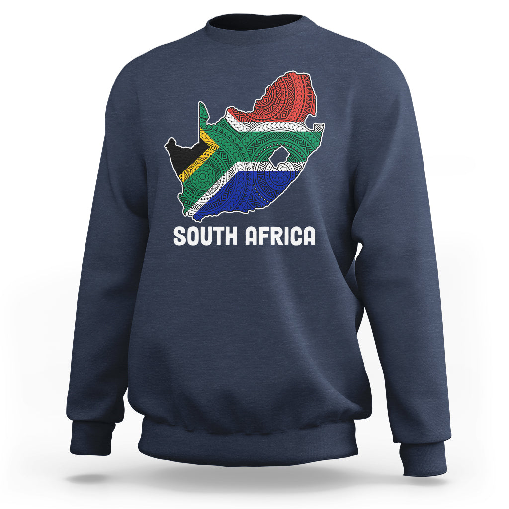 Navy crewneck sweatshirt with colorful South Africa map flag graphic and “SOUTH AFRICA” text