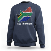 Navy crewneck sweatshirt with colorful South Africa map flag graphic and “SOUTH AFRICA” text