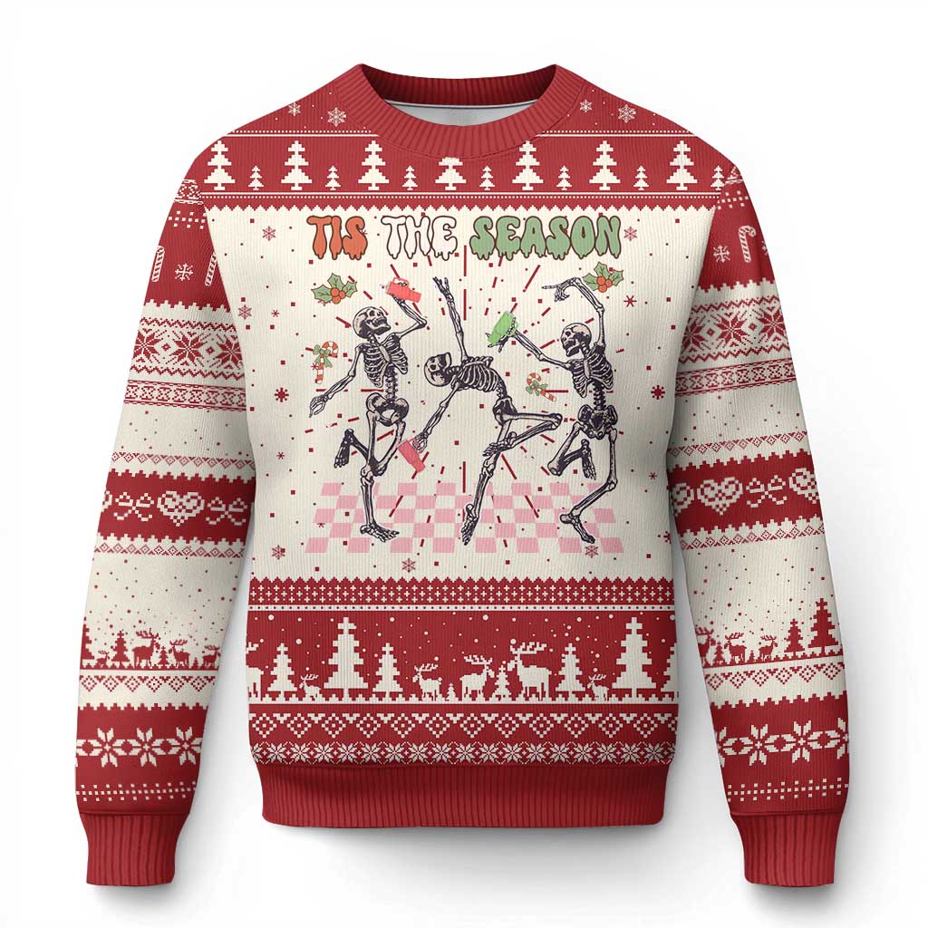Red and cream ugly Christmas sweater with dancing skeleton graphic and holiday border