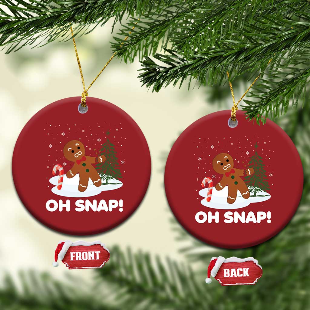 Two red circular “OH SNAP!” cookie ornaments on gold cords with front and back tags