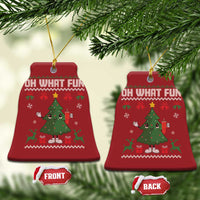 Two red bell-shaped Christmas ornaments with "Oh What Fun" and cartoon Christmas tree