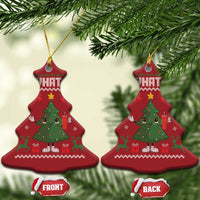 Red Christmas tree-shaped ornament with "Oh What Fun" and cartoon tree illustration