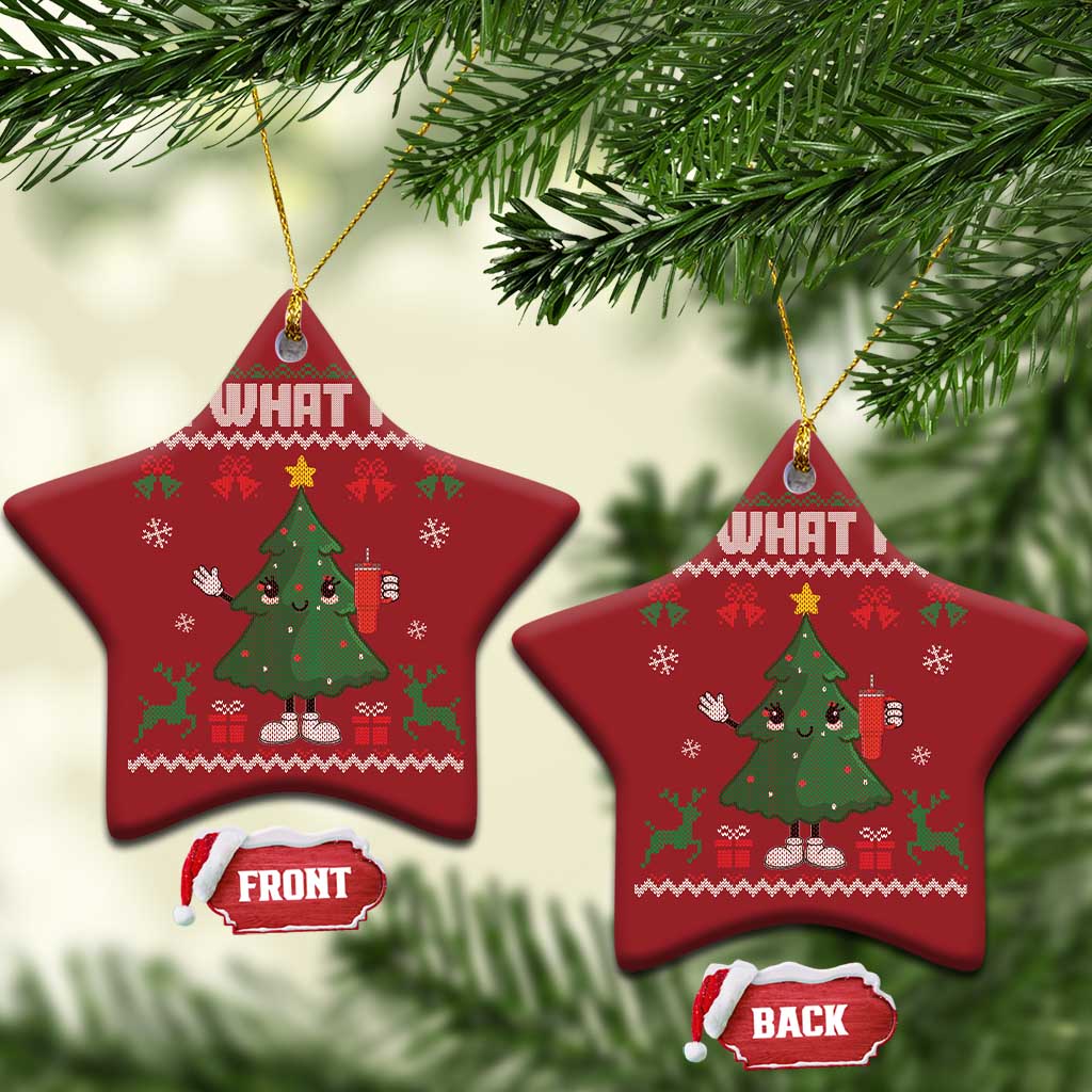 Two red star-shaped ornaments with "Oh What Fun" and cartoon Christmas tree