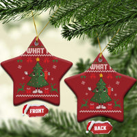 Two red star-shaped ornaments with "Oh What Fun" and cartoon Christmas tree