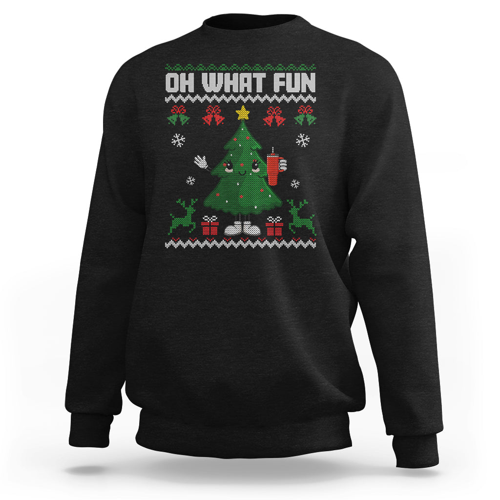 Black Christmas sweatshirt with knit tree graphic and snowflake pattern