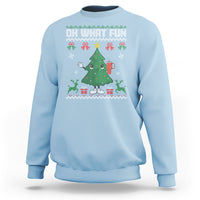 Light blue Christmas sweatshirt with festive tree graphic and “OH WHAT FUN”