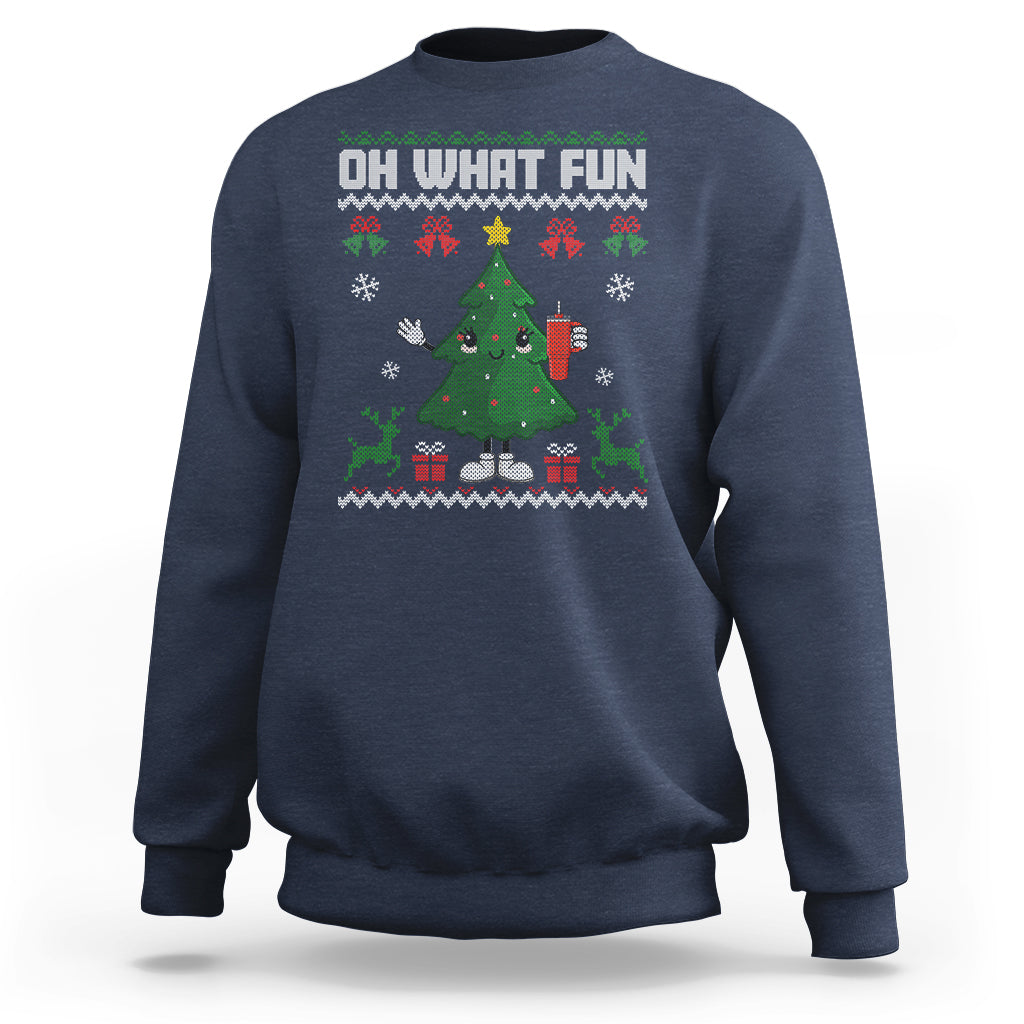 Navy Christmas sweatshirt with colorful tree and “OH WHAT FUN” text