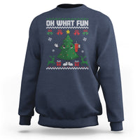 Navy Christmas sweatshirt with colorful tree and “OH WHAT FUN” text