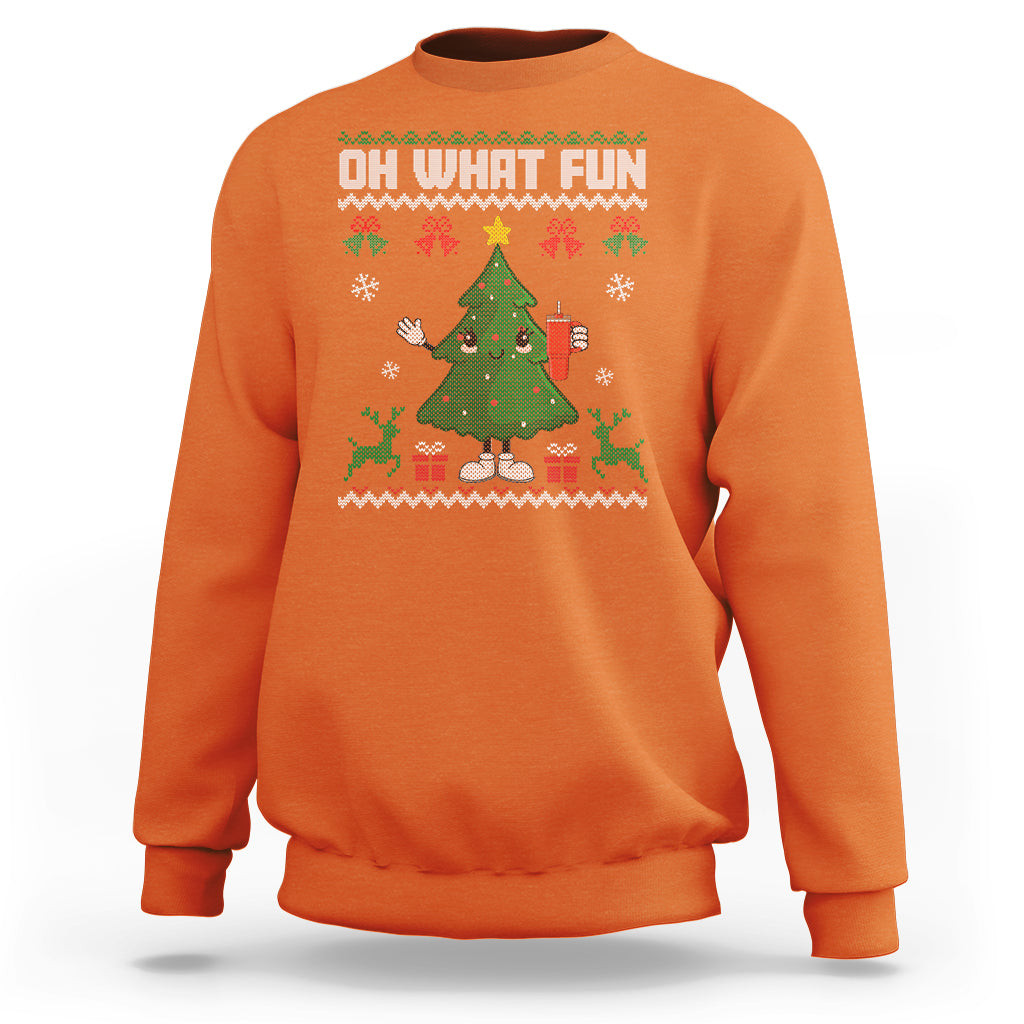 Orange Christmas sweatshirt with holiday tree illustration and “OH WHAT FUN”