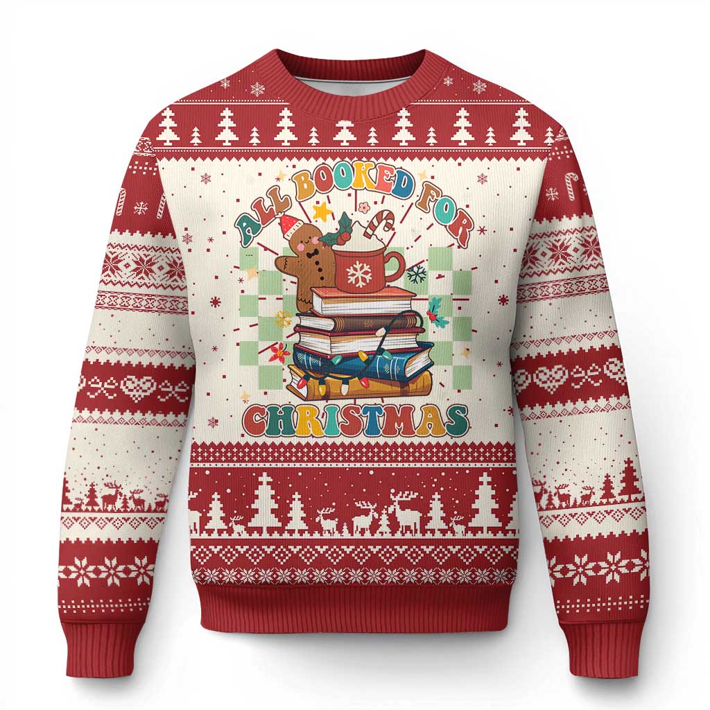 Red holiday crewneck sweater with book stack and Christmas lettering graphic, long sleeves.