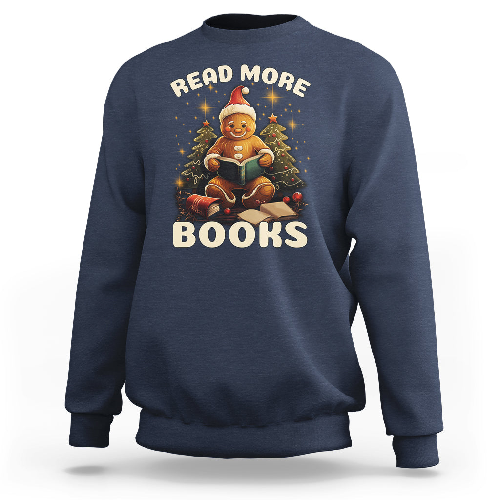 Navy gingerbread reading sweatshirt with 'Read More Books' graphic