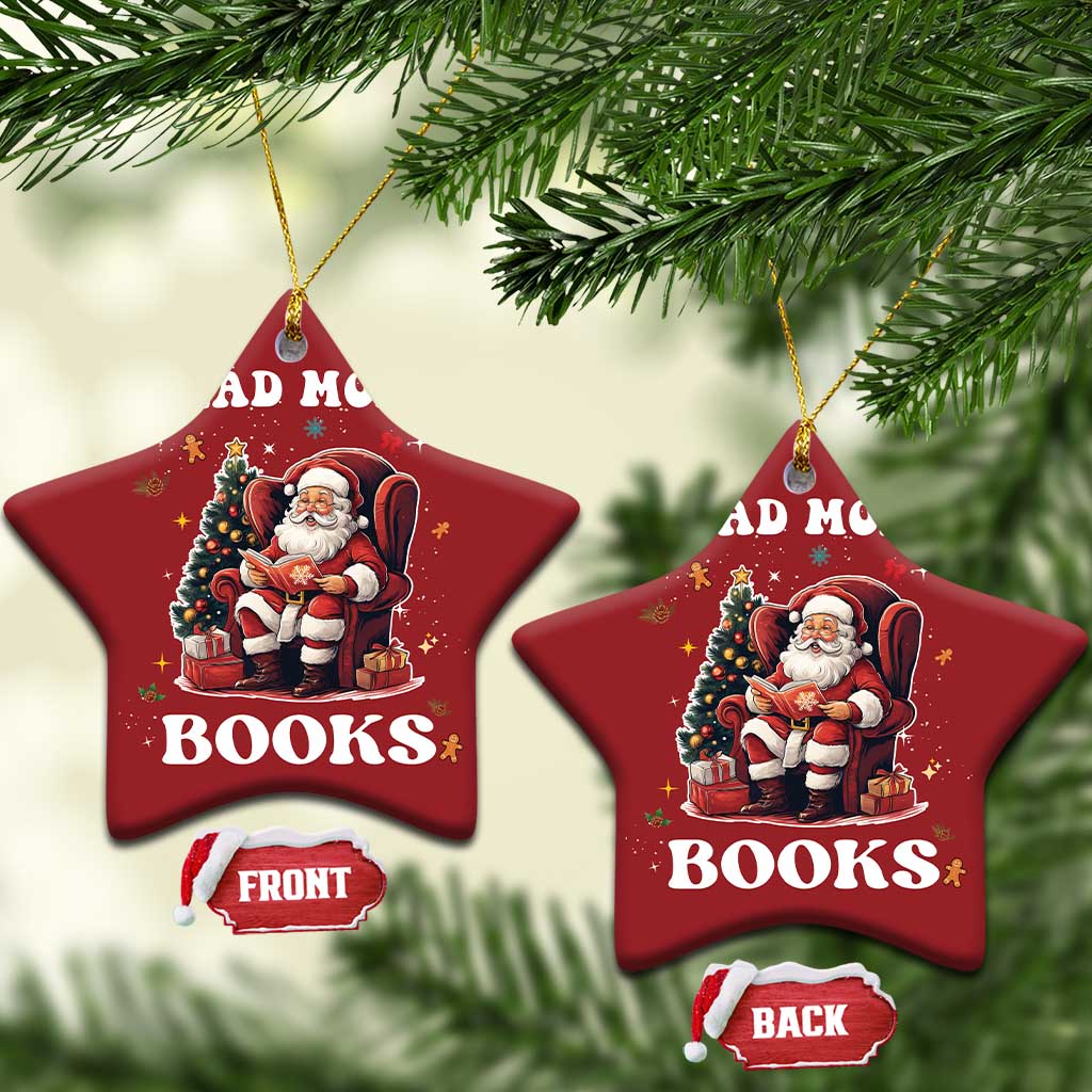 Two red star-shaped Christmas ornaments with Santa reading “READ MORE BOOKS” front and back