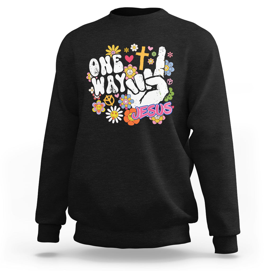 Black crewneck sweatshirt with colorful “One Way Jesus” graphic across the chest