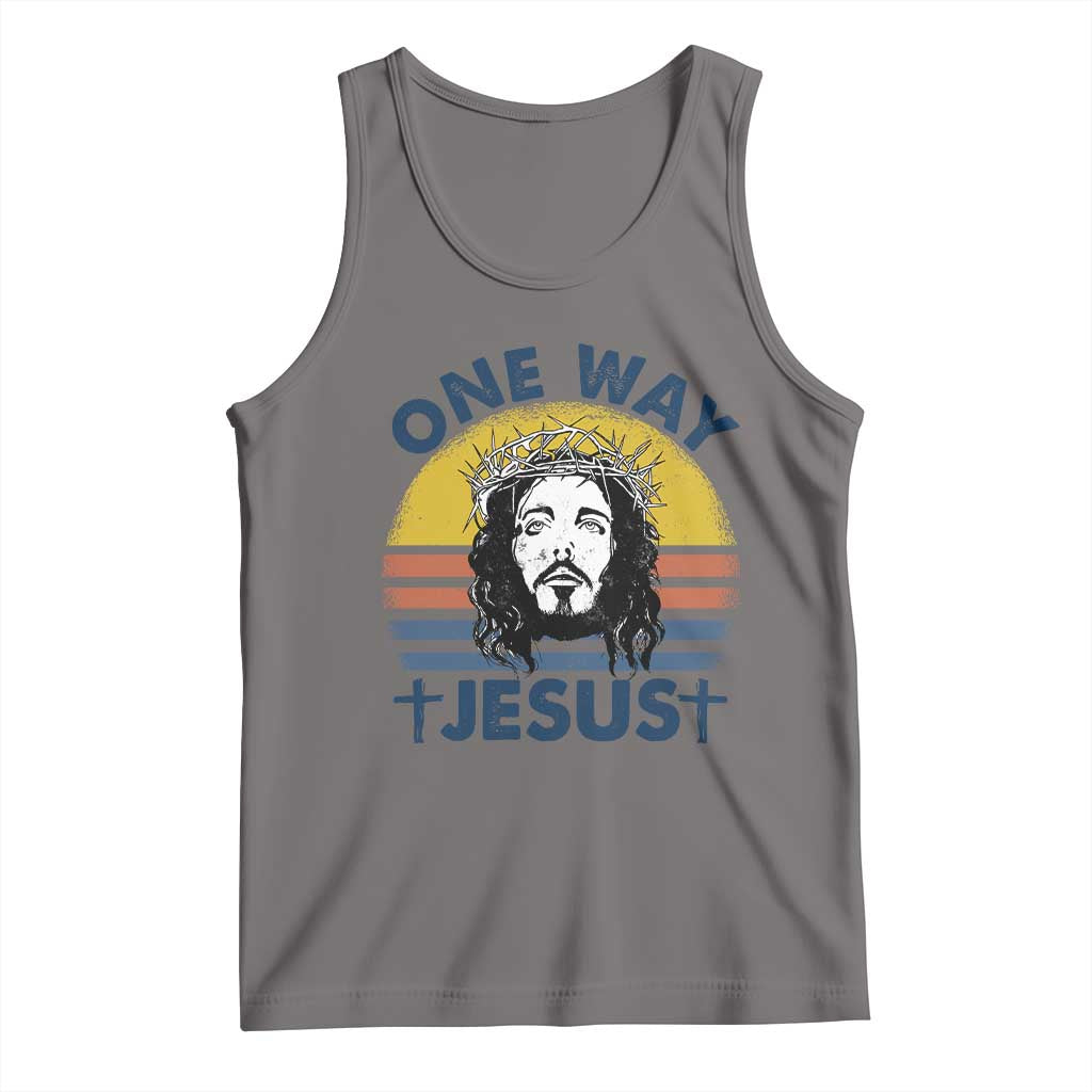 Dark gray tank top with front graphic of Jesus and sunburst design