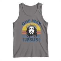 Dark gray tank top with front graphic of Jesus and sunburst design