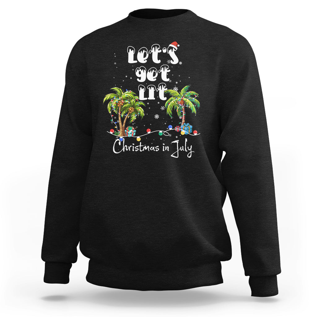 Black crewneck sweatshirt with Christmas-in-July palm tree graphic and string lights