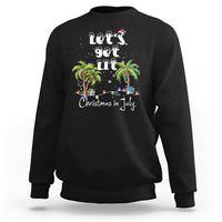 Black crewneck sweatshirt with Christmas-in-July palm tree graphic and string lights