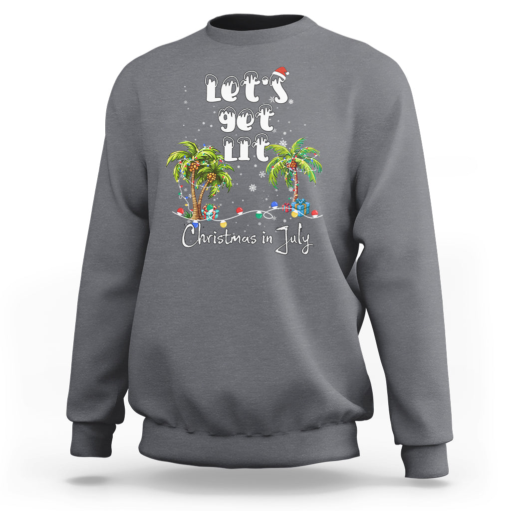 Gray crewneck sweatshirt with Christmas-in-July palm tree graphic and string lights