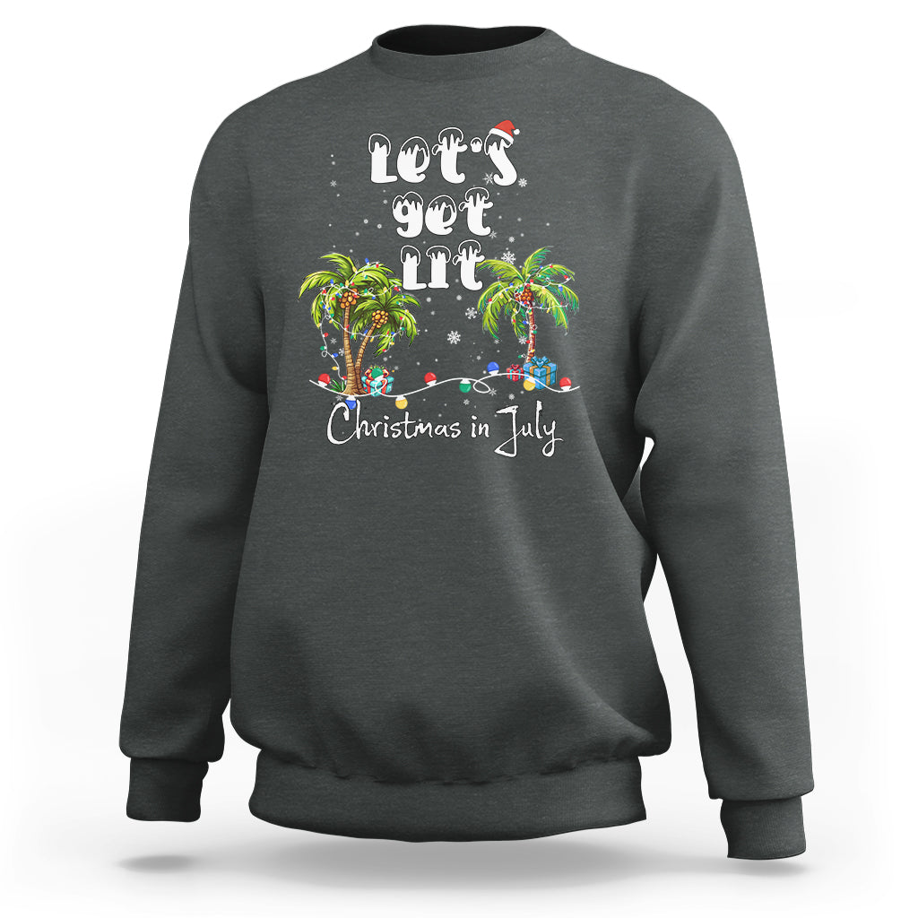 Charcoal gray crewneck sweatshirt with Christmas-in-July palm tree graphic and string lights