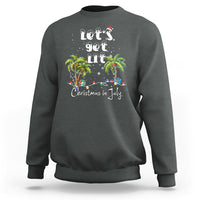 Charcoal gray crewneck sweatshirt with Christmas-in-July palm tree graphic and string lights