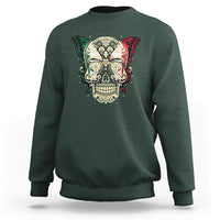 Dark forest green crewneck sweatshirt with colorful sugar skull and butterfly graphic on chest